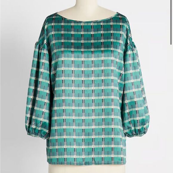Modcloth Hutch Preened in Green Satin Plaid Top Green Black M NWOT - Picture 1 of 10